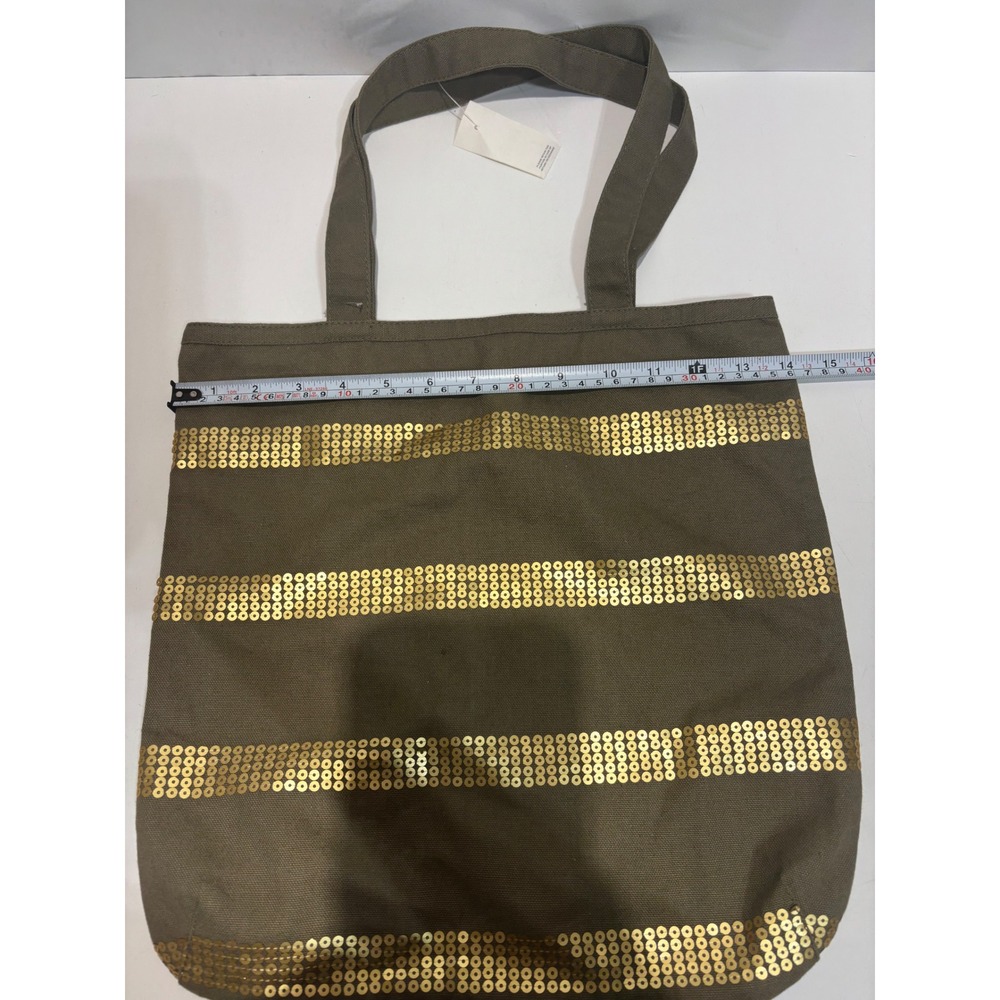 LOFT Tote Bag Women Olive Green Gold Sequin Striped Canvas Shoulder Bag - Picture 8 of 9